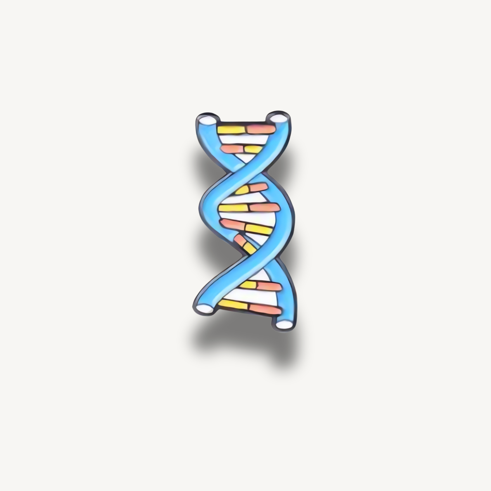 Smaltovaná brošňa v tvare modrej DNA dvojitej špirály s farebnými priečkami.