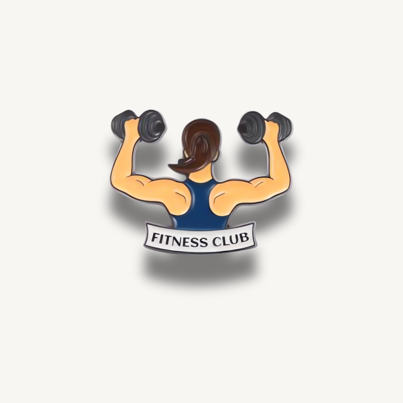 Brošňa znázorňujúca postavu zozadu, zdvíhajúcu činky, s nápisom FITNESS CLUB.