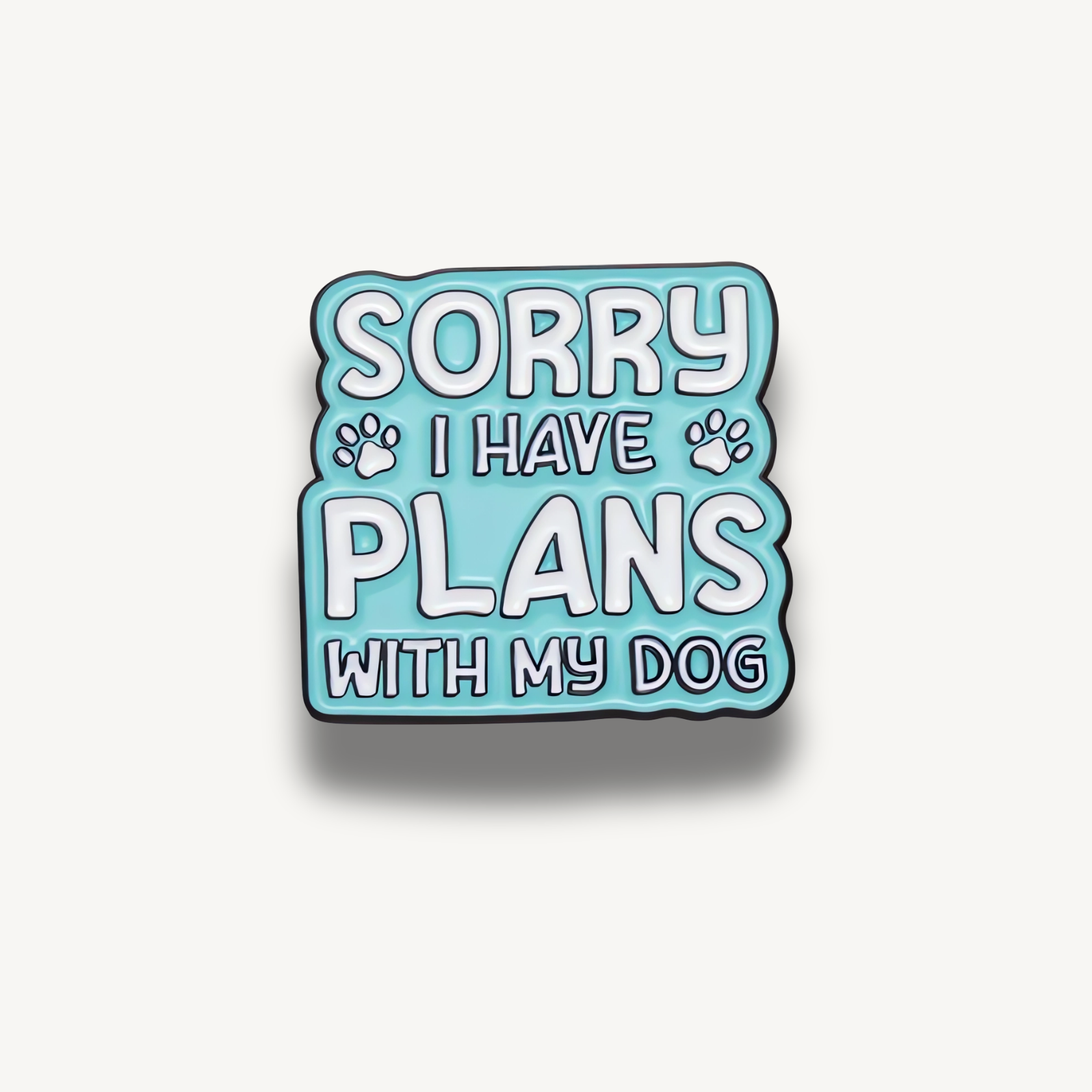 Smaltovaná brošňa s nápisom 'SORRY I HAVE PLANS WITH MY DOG' na svetlomodrom pozadí s labkami.