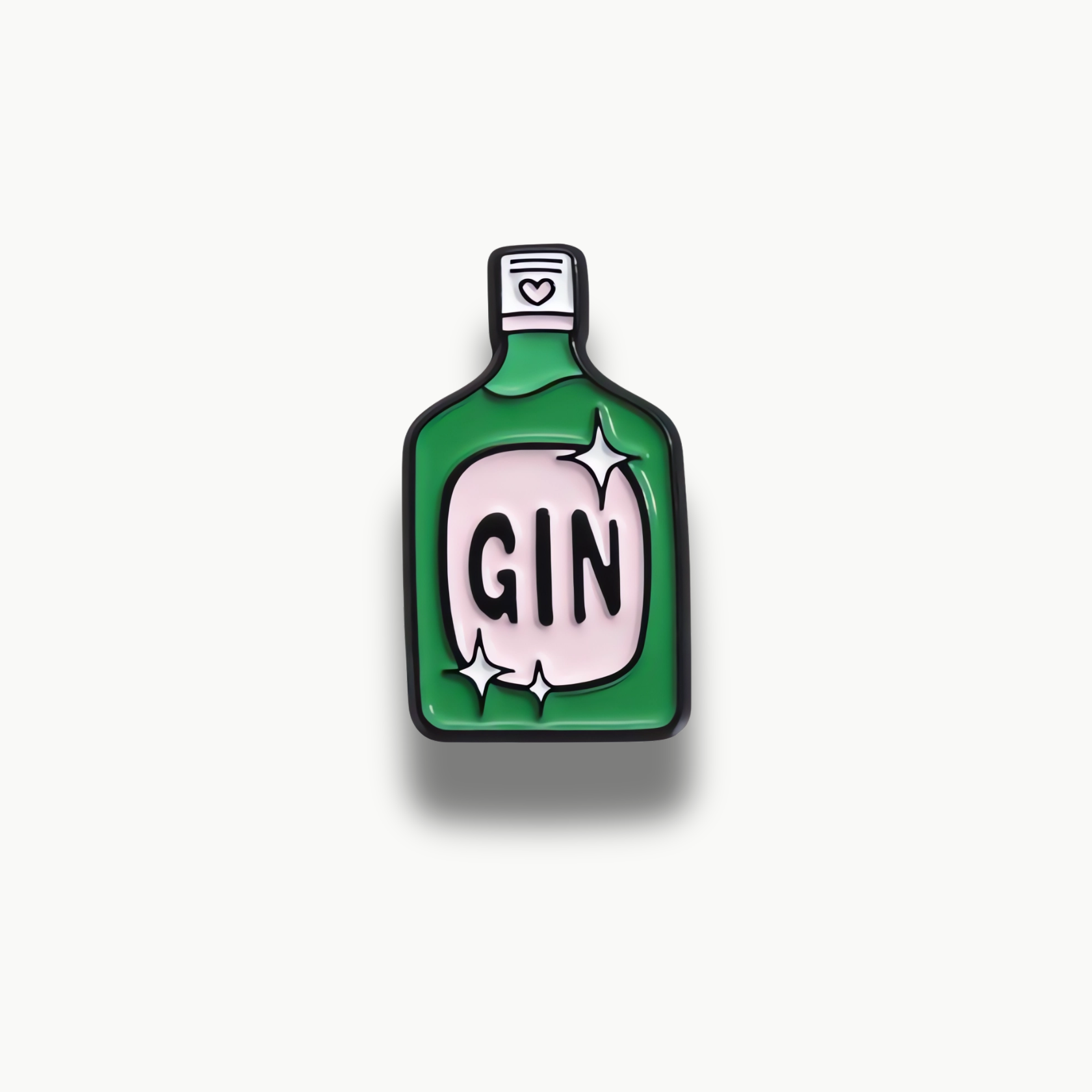 Zelená fľaša s nápisom GIN, bielym vrchnákom so srdiečkom a iskričkami na etikete.