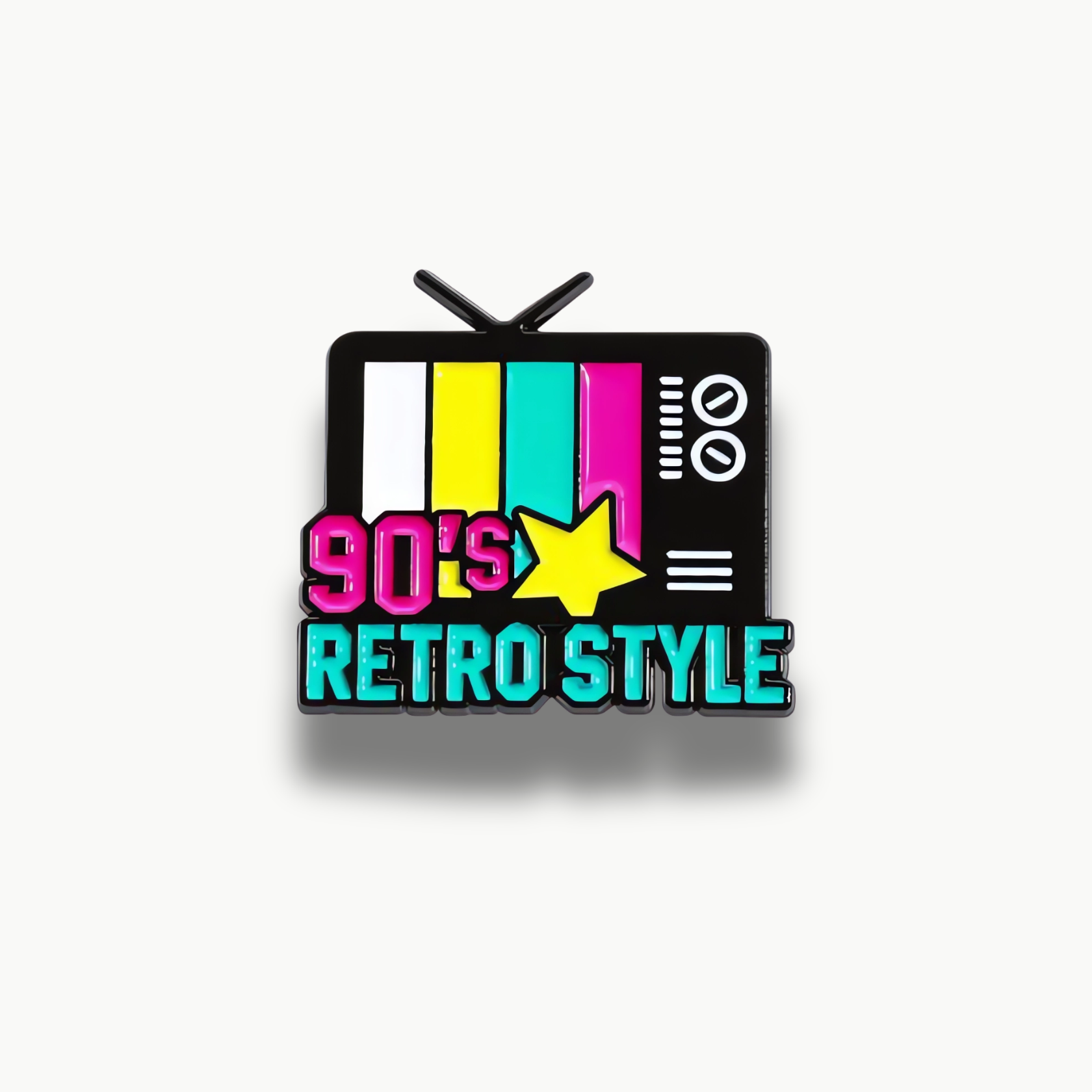 Smaltovaná brošňa v tvare retro televízora s farebnými pruhmi a textom "90's RETRO STYLE".