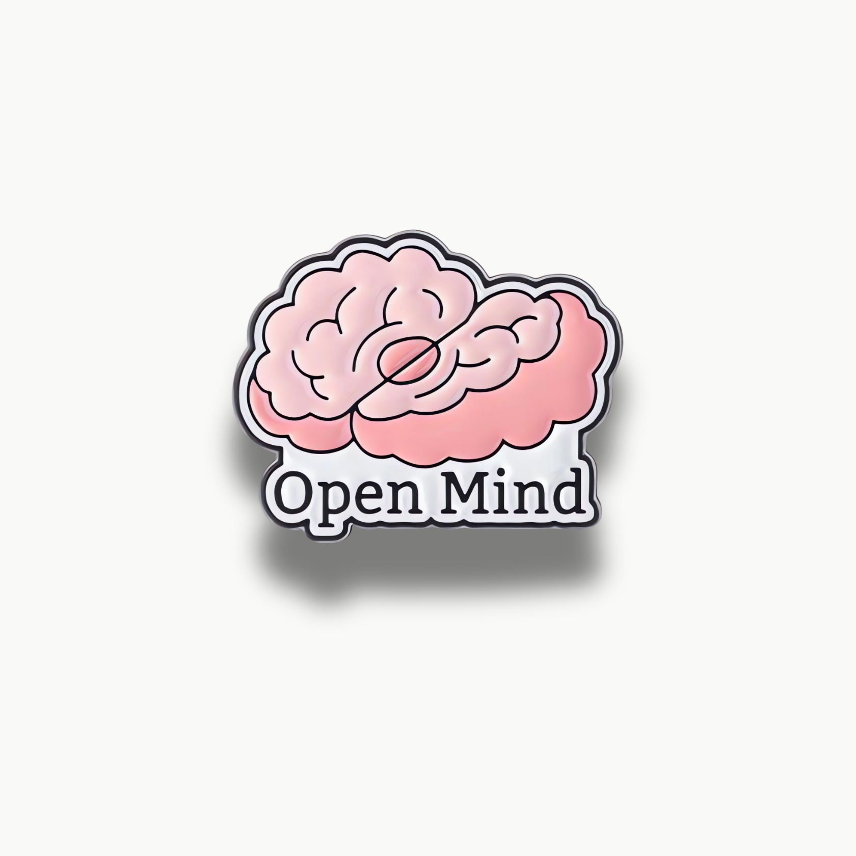 Smaltovaná brošňa ružový mozog s nápisom Open Mind na bielom podklade