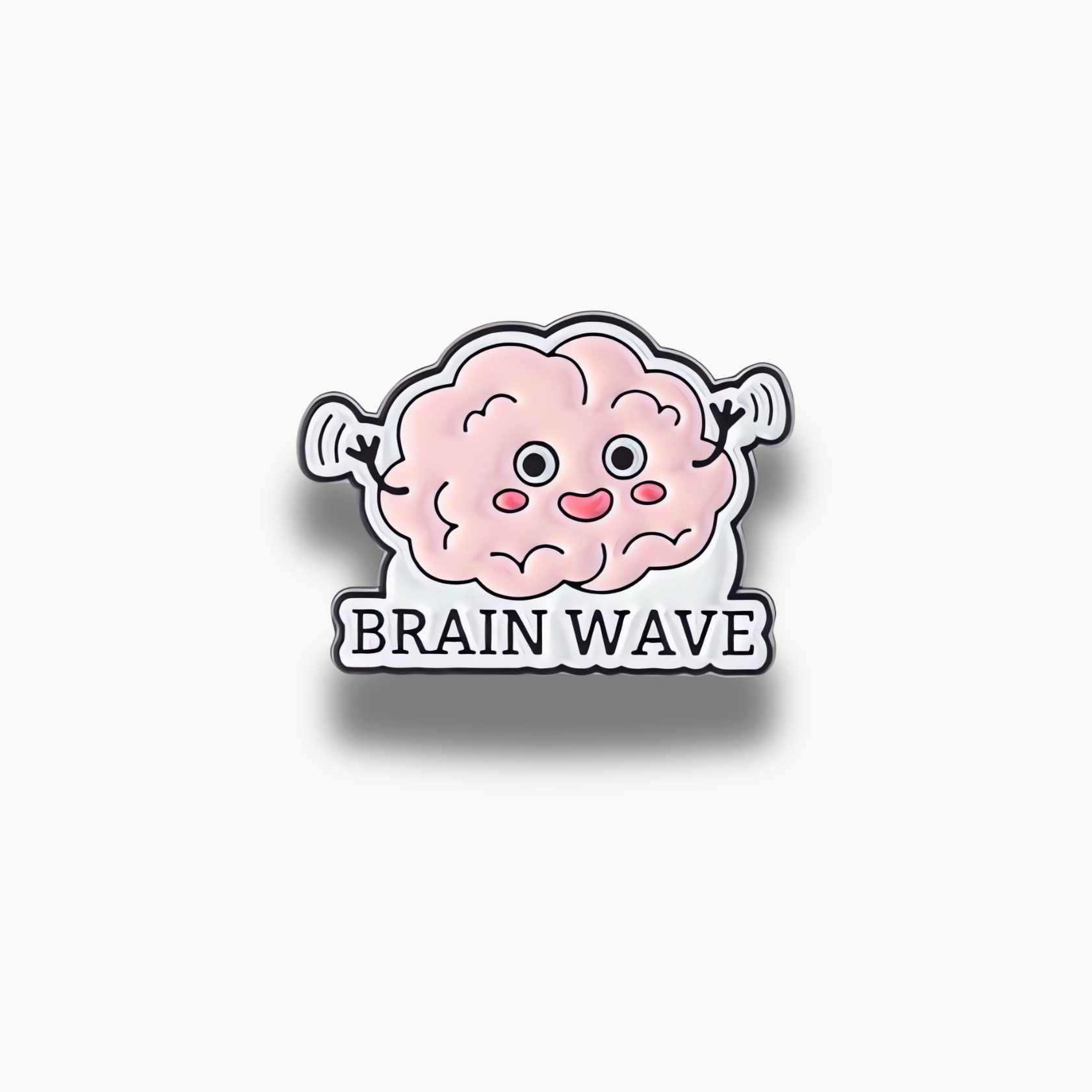 Smaltovaná brošňa ružového kresleného mozgu s očami, ústami a nápisom 'BRAIN WAVE' a gestom vĺn.