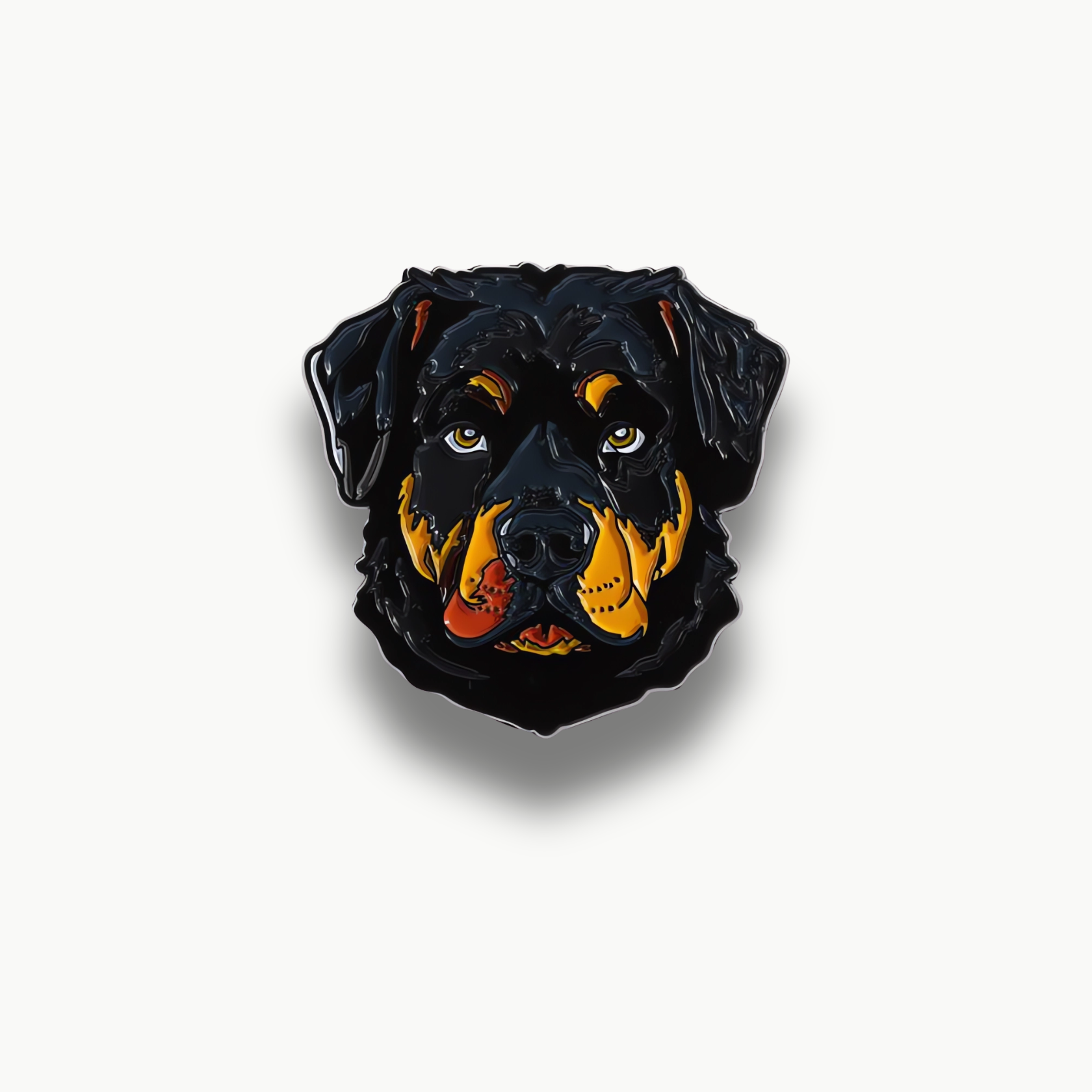 Smaltovaná brošňa s podobizňou hlavy rottweilera, čierna s hnedými a žltými znakmi a žltými očami.